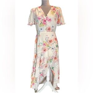 Yumi Kim floral high low dress with layered hem, v neckline. Size M